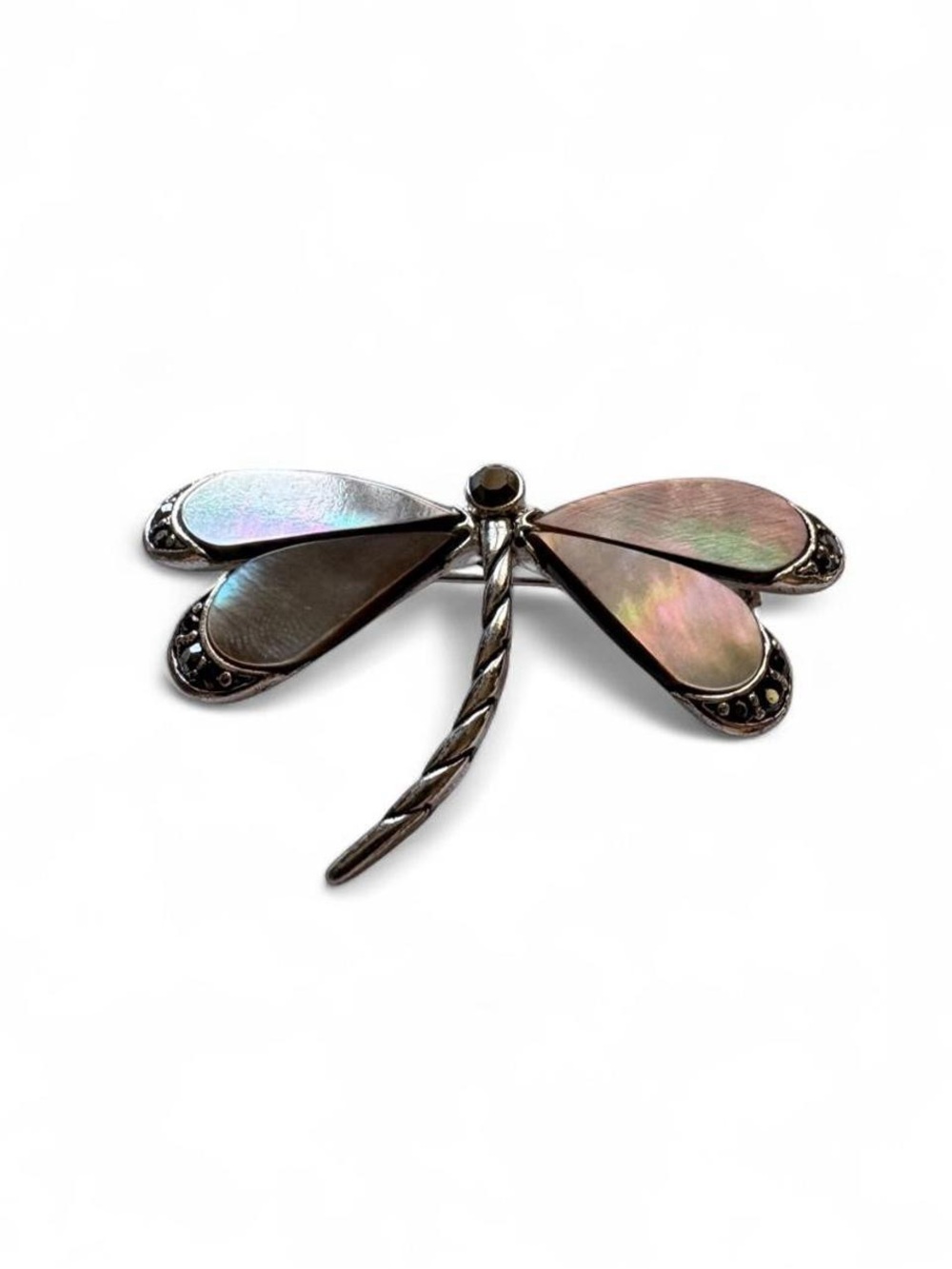 Vintage Monet Silver Dragonfly Decorative Accent with Iridescent Shell Wings